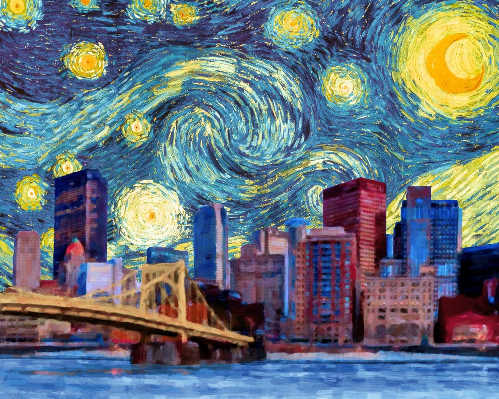 Pittsburgh Skyline Poster Van Gogh Starry Night Print Etsy