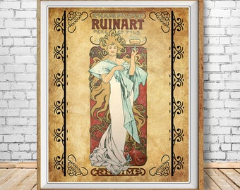 Póster de champán francés antiguo, arte de bar, impresión de champán antiguo, Art Nouveau, impresión de bellas artes para decoración del hogar n.° vi1585