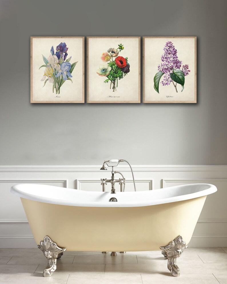 May include: Three framed botanical prints featuring a blue iris, a bouquet of red and white anemones, and a purple lilac. The prints are hung on a gray wall above a white clawfoot bathtub.