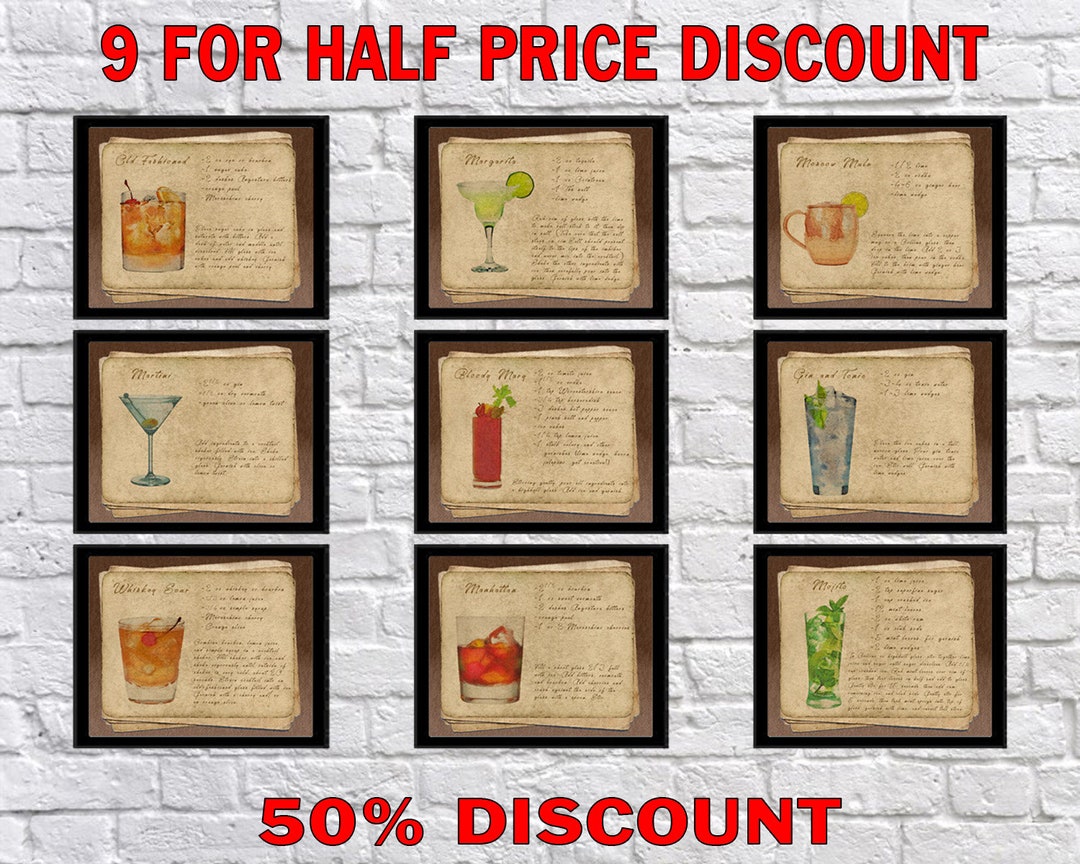 Vintage Bar Art Set of 9 Old Fashioned Martini Gin and Tonic Etsy