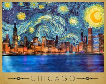 Chicago Skyline Poster Van Gogh Starry Night Poster Chicago Print Van Gogh Print Wall Art Home Decor #vi712