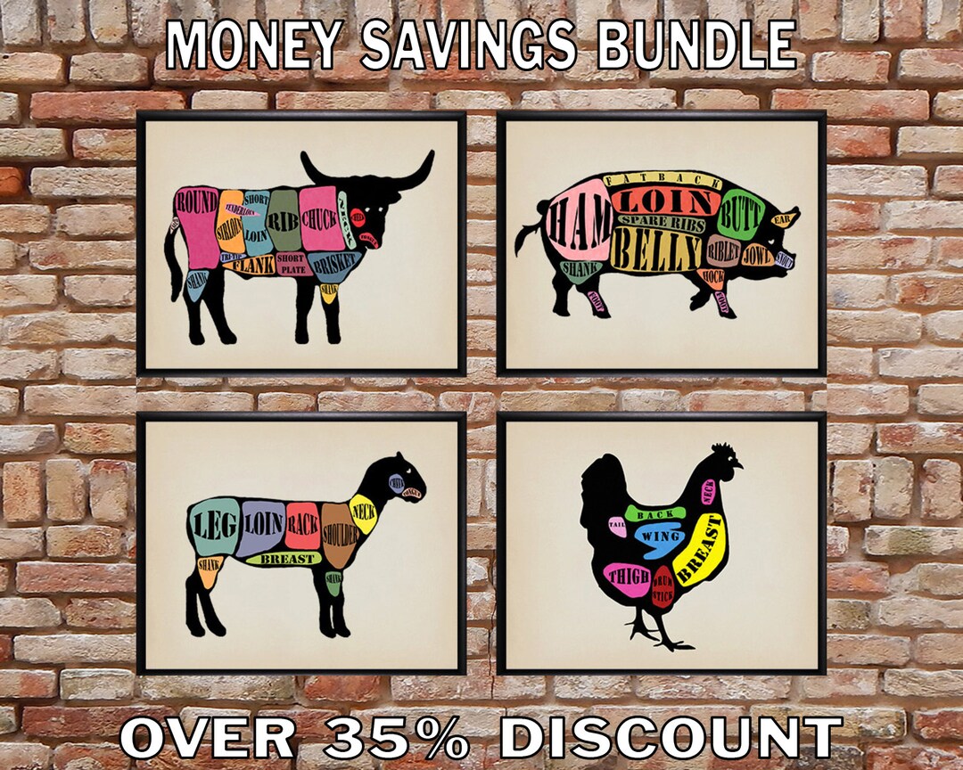 Meat Cuts Poster - Discounted Set of 4 - Kitchen Decor - Beef Pork Lamb ...