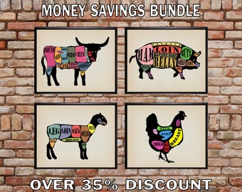 Meat Cuts Poster - Discounted Set of 4 - Kitchen Decor - Beef Pork Lamb Chicken Print Wall Art Home Decor #vi527