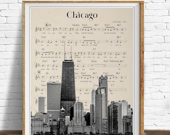 Chicago Skyline, Chicago Print, Chicago Decor, Chicago Poster Skyline, Sheet Music, Chicago Song, Chicago Wall Art #vi1266