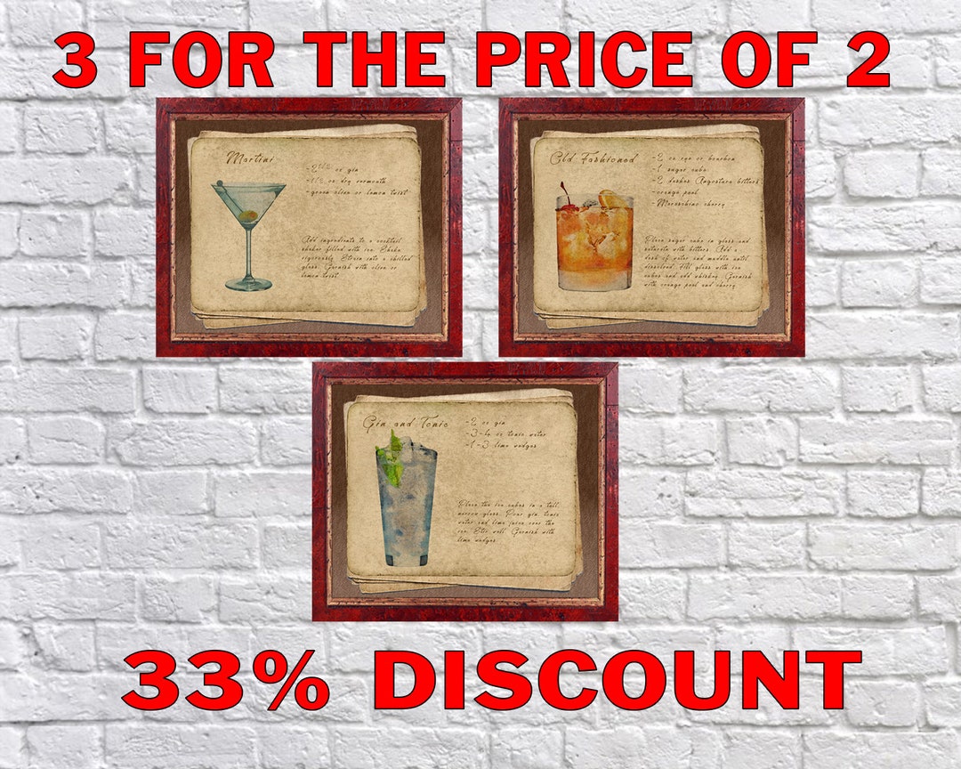 Vintage Bar Art Set of 3 Old Fashioned Martini Gin and Tonic Cocktail