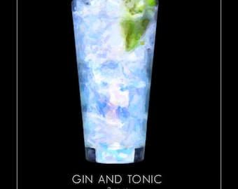 Gin and Tonic Poster, Bar Art, Cocktail Art, Gin and Tonic Print Cocktail Print Art Wall Black Background #vi781