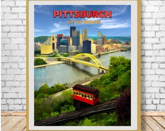 Pittsburgh Print, Travel Poster, Pittsburgh Bridges, Pittsburgh Poster, Duquesne Incline, Funicular, Pittsburgh Cityscape Decor #vi1826