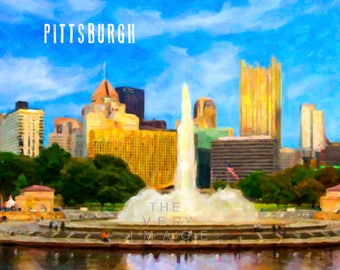 Pittsburgh Print, Travel Poster, Pittsburgh Fountain, Pittsburgh Poster Wall Art Home Decor Fine Art Print #vi851