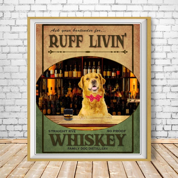Whiskey Poster, Golden Retriver Art, Dog Print, Whiskey Print, Bar
