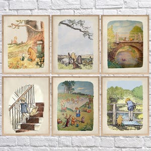 May include: Set of six Winnie the Pooh illustrations printed on paper. The illustrations depict Winnie the Pooh and his friends in various scenes from the book. The illustrations are framed in a simple, white frame.