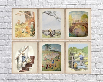 Winnie the Pooh Prints, Discounted Set of Six Winnie the Pooh Illustrations, Kids Room, Nursery Decor, Art for Kids Art for Children #vi1844