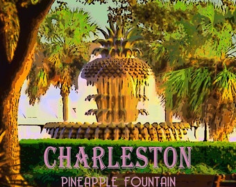 Charleston Poster South Carolina Print Pineapple Fountain Print Charleston Decor Wall Art Home Fine Art #vi441