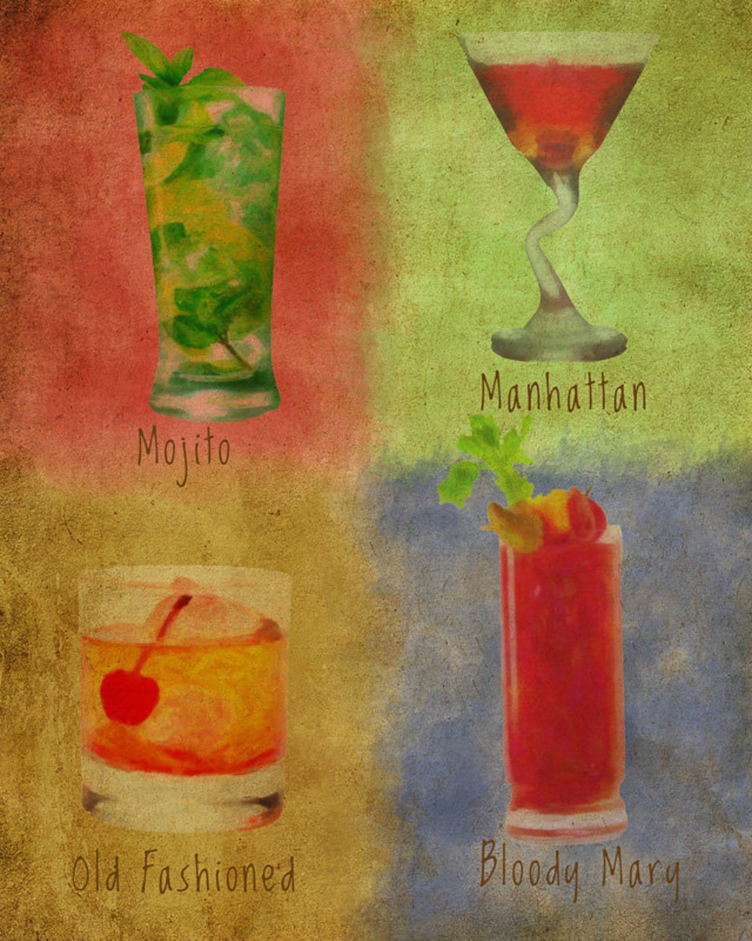 Vintage Bar Art, Old Fashioned Cocktail Manhattan Bloody Mary Mojito