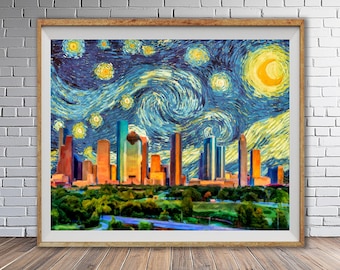 Houston and Gogh's Starry Night - Texas Fine Art Poster, Scenic Skyline #vi1460