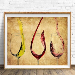 May include: Three wine glasses with red, white, and yellow wine pouring into them. The glasses are on a vintage, textured background.