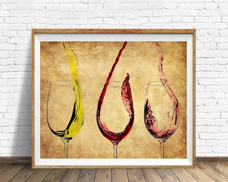 May include: Three wine glasses with red, white, and yellow wine pouring into them. The glasses are on a vintage, textured background.