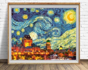 Quebec Poster Van Gogh Starry Night Print Quebec City Skyline Poster Canada Print Wall Art Home Decor #vi1788