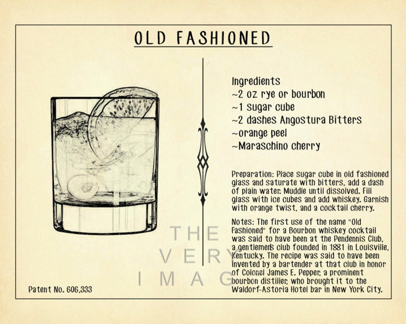 Old Fashioned Cocktail Poster Cocktail Recipe Print Bar Art Etsy