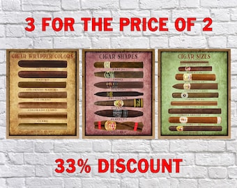 Cigar Art, Discounted Set of 3 -Shape Size Color - Cigar Poster Man Cave Decor Cigar Print Fathers Day #vi175