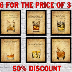 Discounted Set of Six Whiskey Prints with Quotes - Whiskey Poster - Bourbon Print Scotch Sale Bar Art  #vi810