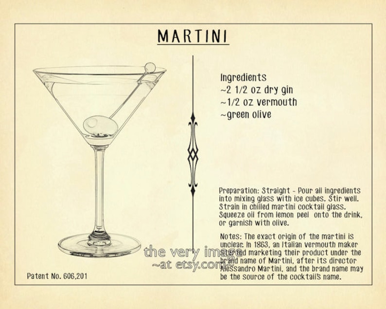 Martini Poster - Cocktail Recipe Print - Bar Art - Martini Cocktail