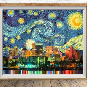 Oakland Skyline Poster Van Gogh Starry Night Print Oakland California Decor Wall Art Home Decor #vi1773