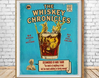 Whiskey Poster, Mark Twain Quote, Bar Art, Comic Book Whiskey Print, Scotch Bourbon Wall Art Home Decor #vi1655