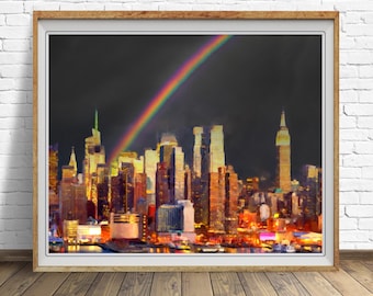 New York City Poster, NYC Skyline, Rainbow Storm, New York Print, Wall Art #vi1763