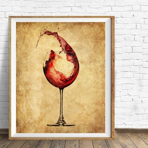 May include: A vintage-style image of a wine glass with red wine splashing out of it. The background is a textured, aged paper.