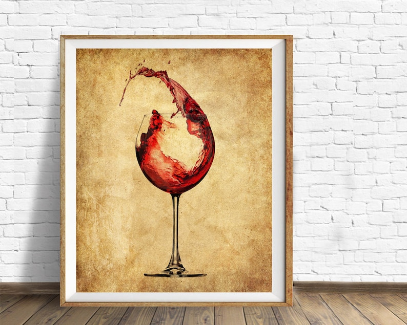 May include: A vintage-style image of a wine glass with red wine splashing out of it. The background is a textured, aged paper.