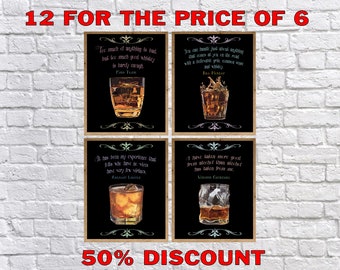 Whiskey Art, Set of 4, Black Background, Whiskey Print, Bar Art, Whiskey Poster Bourbon Art Discount Sale #vi1071