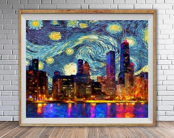 Chicago and Van Gogh's Starry Night - Fine Art Poster, Scenic Skyline #vi0415