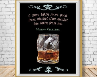 May include: A black and white poster with a quote by Winston Churchill about alcohol. The quote reads: "I have taken more good from alcohol than alcohol has taken from me." The poster also features a glass of amber liquid.