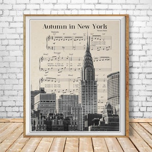 Horizonte de la ciudad de Nueva York, impresión de Nueva York, decoración de Nueva York, horizonte de Nueva York, partitura de otoño en Nueva York, arte de pared n.º vi1641
