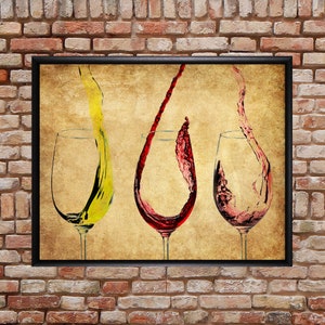 May include: Three wine glasses with red, white, and yellow wine pouring into them. The glasses are on a vintage, textured background.