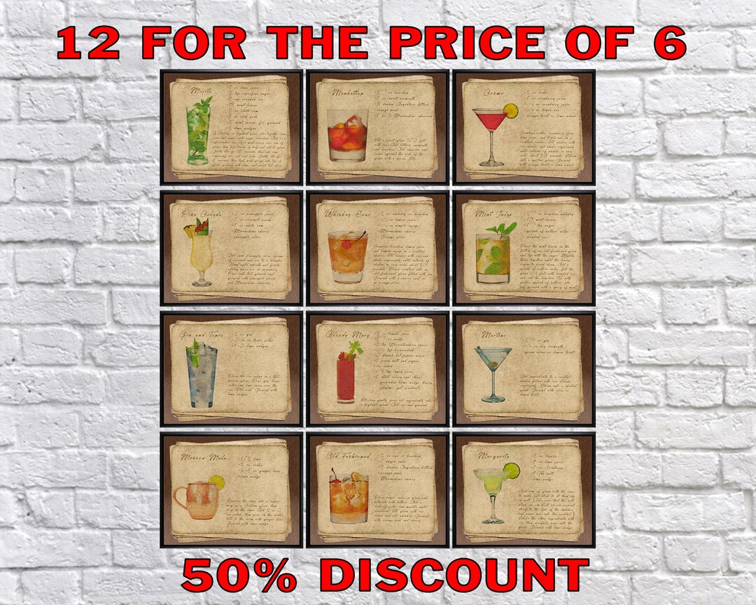 Vintage Bar Art Set of 12 Old Fashioned Martini Gin and Tonic Cocktail