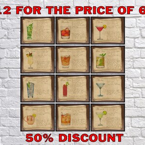 Vintage Bar Art Set of 12 Old Fashioned Martini Gin and Tonic Cocktail Print Bar Art Cocktail Recipe #vi1151