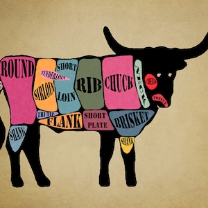 Beef Cut Poster - Steer Cuts - Meat Cuts Chart - Beef Diagram Print Wall Art Home Decor Kitchen Decor #vi406