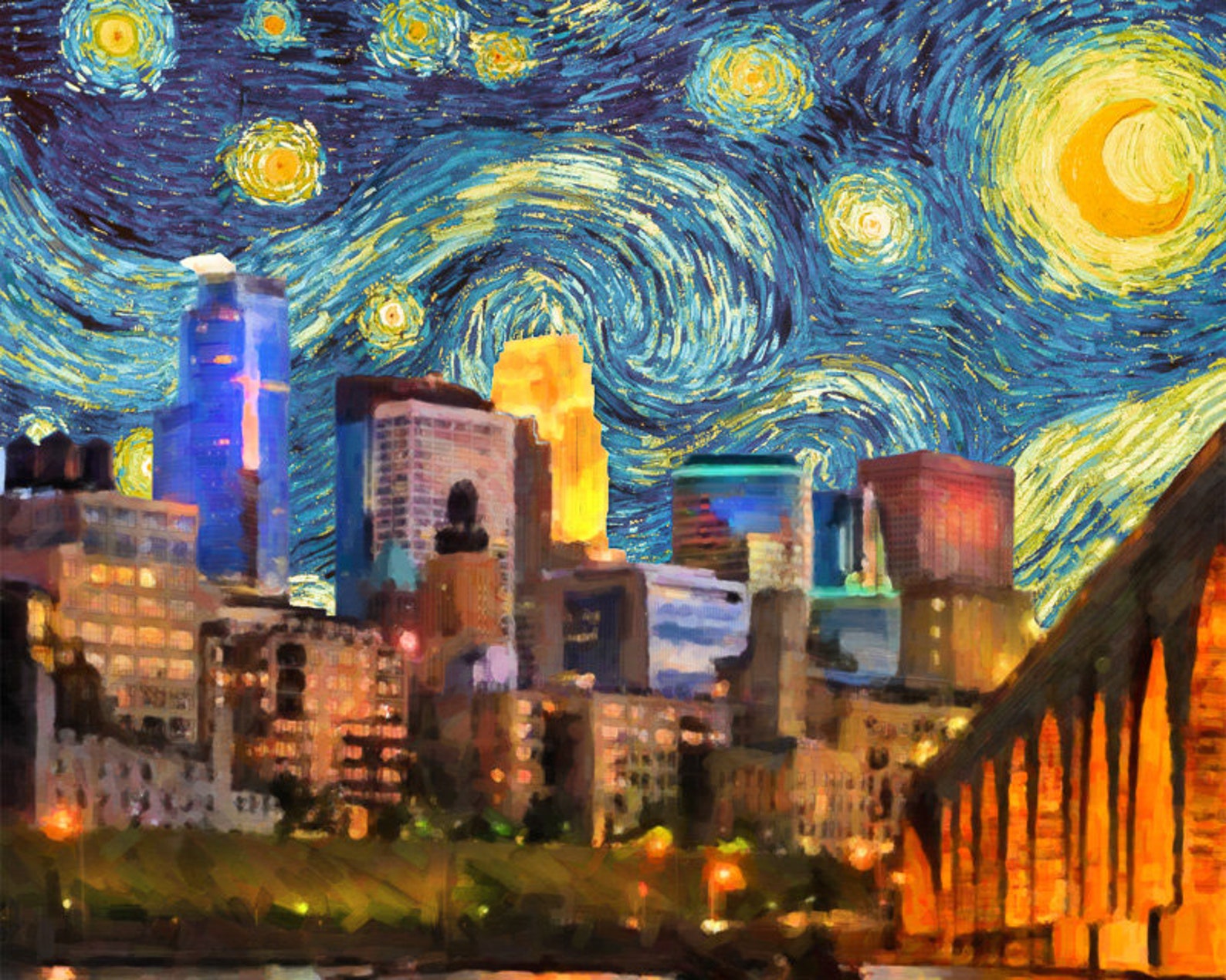 Minneapolis Skyline Poster Van Gogh Starry Night Print Van Etsy