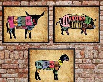 Meat Cuts Poster Discounted Set of 4 Kitchen Decor Beef | Etsy