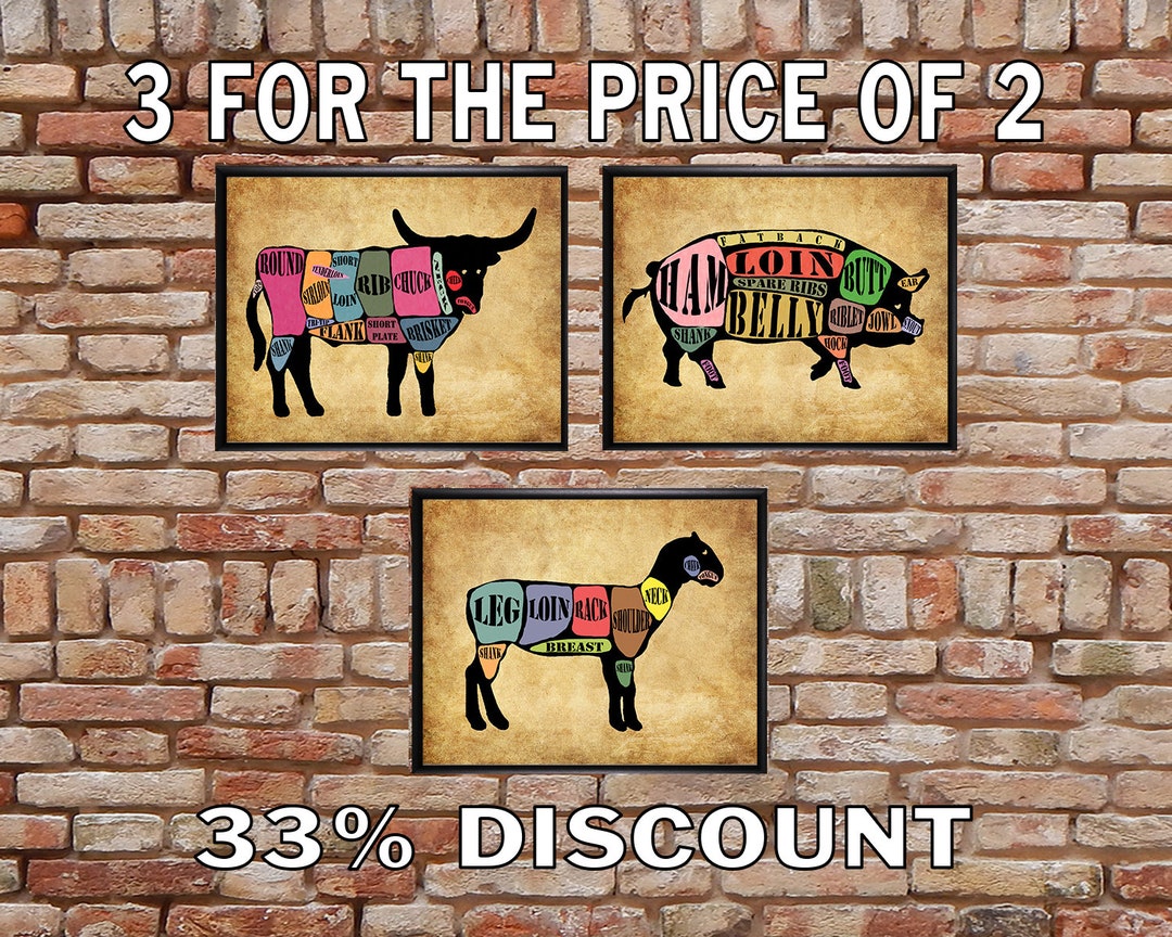 Meat Cut Posters - Sale Discounted Set of 3 Beef Lamb Pork Chart Meat ...