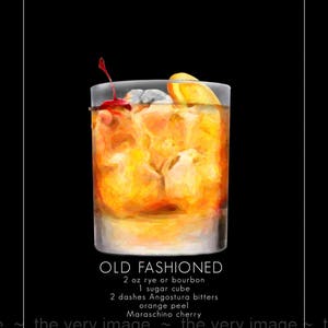 Old Fashioned Poster, Bar Art, Cocktail Art, Old Fashioned Cocktail Print Art Wall Black Background #vi786