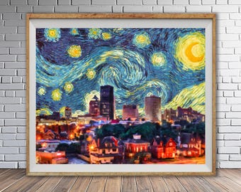 Rochester NY and Gogh's Starry Night - New York Fine Art Skyline Poster #vi1766