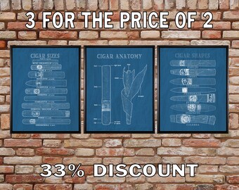 Cigar Art, Set of Three Discounted Cigar Posters - Bar Art - Cigar Blueprints - Sale Discount Bar Decor Art #vi748