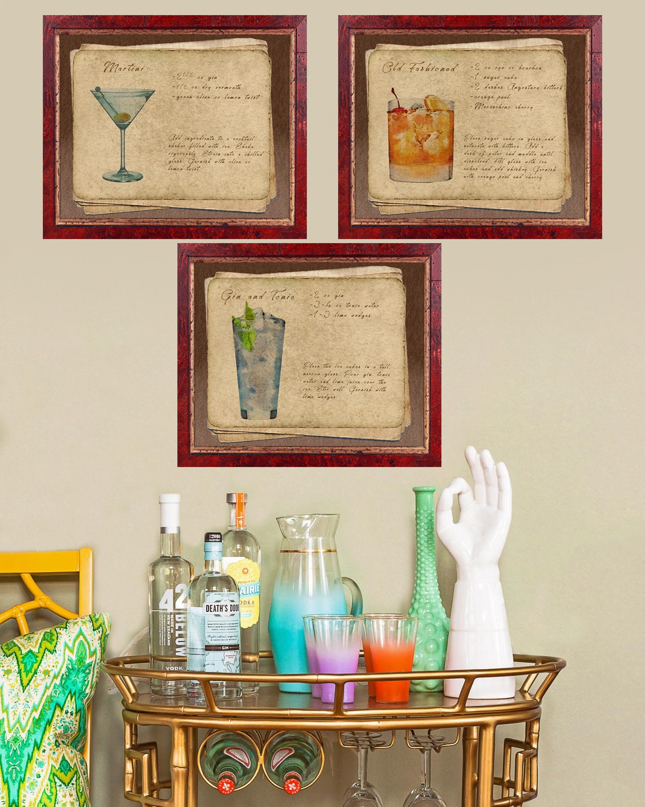 Vintage Bar Art Set of 3 Old Fashioned Martini Gin and Tonic Etsy
