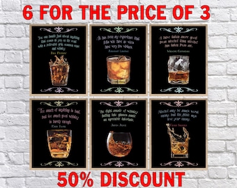 Discounted Set of Six Whiskey Prints with Quotes, Blackboard Whiskey Poster, Whiskey Poster Sale Bar Art #vi1725