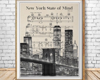 New York City Skyline, Nyc Print, New York Decor, Nyc Skyline, Billy Joel Sheet Music, Wall Art #vi1640