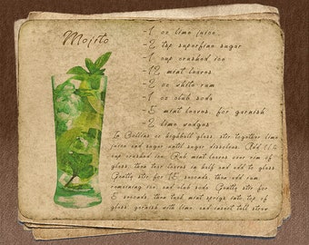 Arte de bar vintage, impresión de cóctel mojito, decoración de bar, impresión de receta de cóctel, arte de pared, receta de cóctel #vi1144
