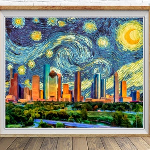 Houston Skyline Poster Van Gogh Starry Night Print Texas Decor Van Gogh Print Wall Art Home Decor #vi1460