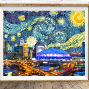 Póster del horizonte de Nueva Orleans, impresión de la noche estrellada de Van Gogh, impresión del Superdome de Nueva Orleans, decoración del hogar n.° vi1464
